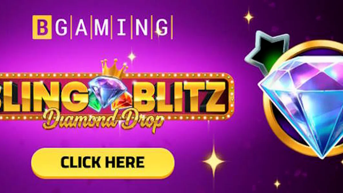 Tampilan visual slot Bling Blitz Diamond Drop dengan tema berlian dan koin emas.