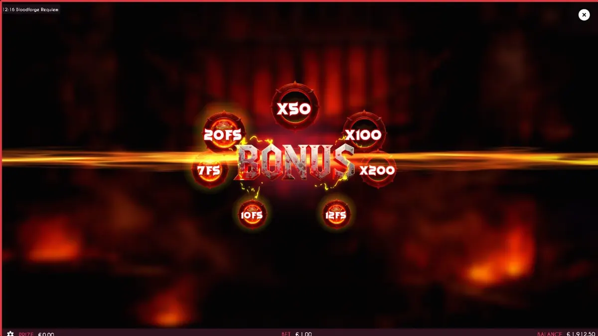 Tampilan visual slot Bloodforge Requiem dengan latar belakang tungku api dan elemen fantasi gelap.