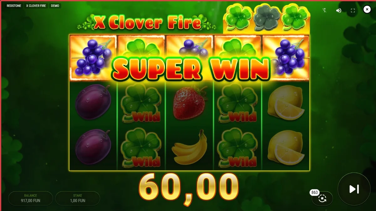 X Clover Fire slot machine interface with glowing fruit symbols and lucky clover wild